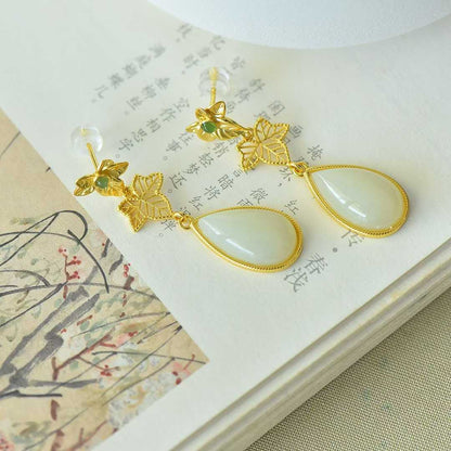 925 Silver Inlaid Nephrite "Golden Branch Jade Leaf" Earrings