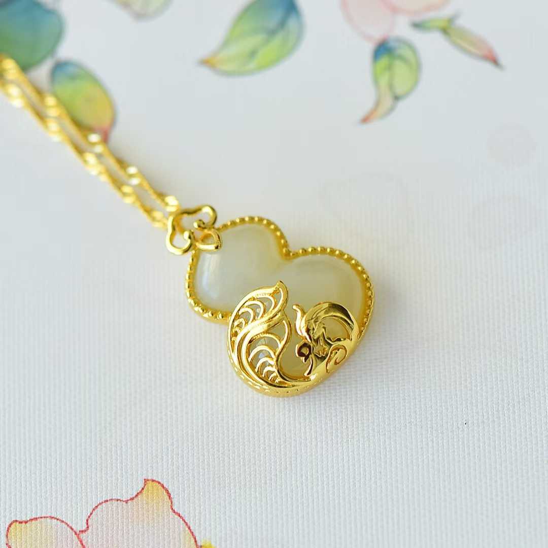 S925 Silver Inlaid Hetian Nephrite "Gourd & Phoenix" Pendant