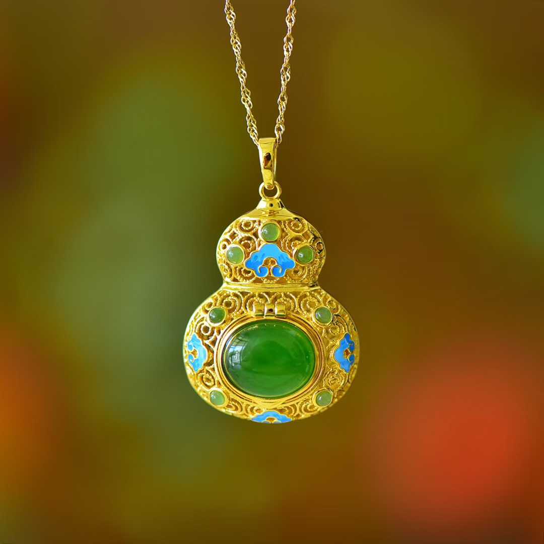925 Silver Inlaid Hetian Jasper "Gourd & Filigree" Pendant