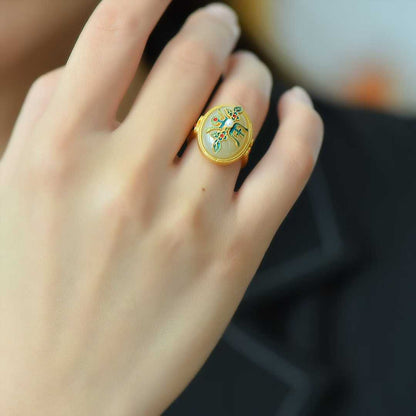 925 Silver Inlaid Enamel & White Hetian Nephrite "Blessing & Longevity" Ring