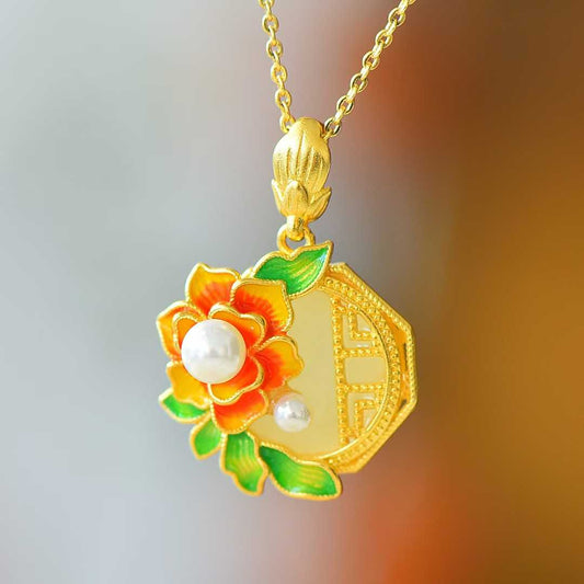 925 Silver Inlaid Hetian Nephrite "Blooming Prosperity" with Pearl Pendant