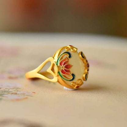 925 Silver Inlaid Red Enamel & White Hetian Nephrite Cabochon Ring