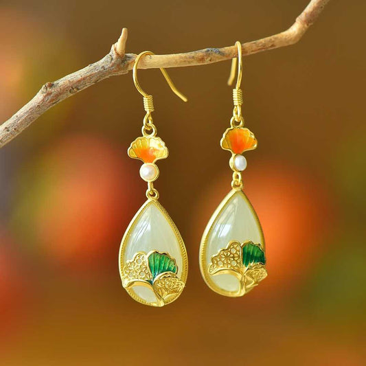 925 Silver Inlaid Nephrite "Destiny in Apricots" Teardrop Earrings
