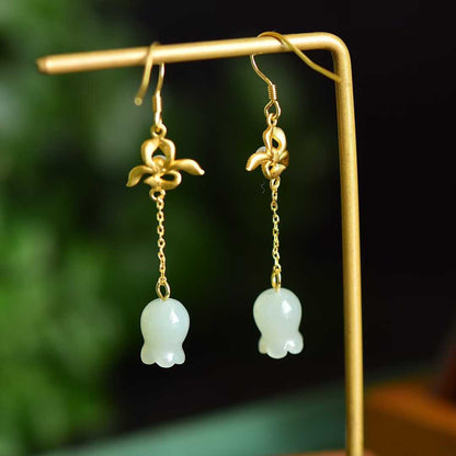 S925 Silver Inlaid Nephrite Wind Chime Flower Earrings