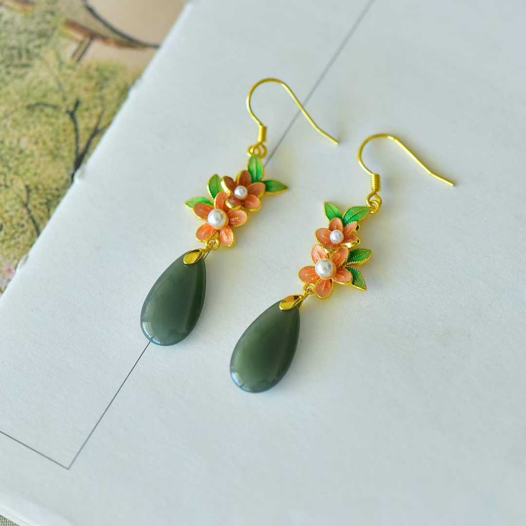 925 Silver Inlaid Hetian Nephrite Plum Blossom Earrings