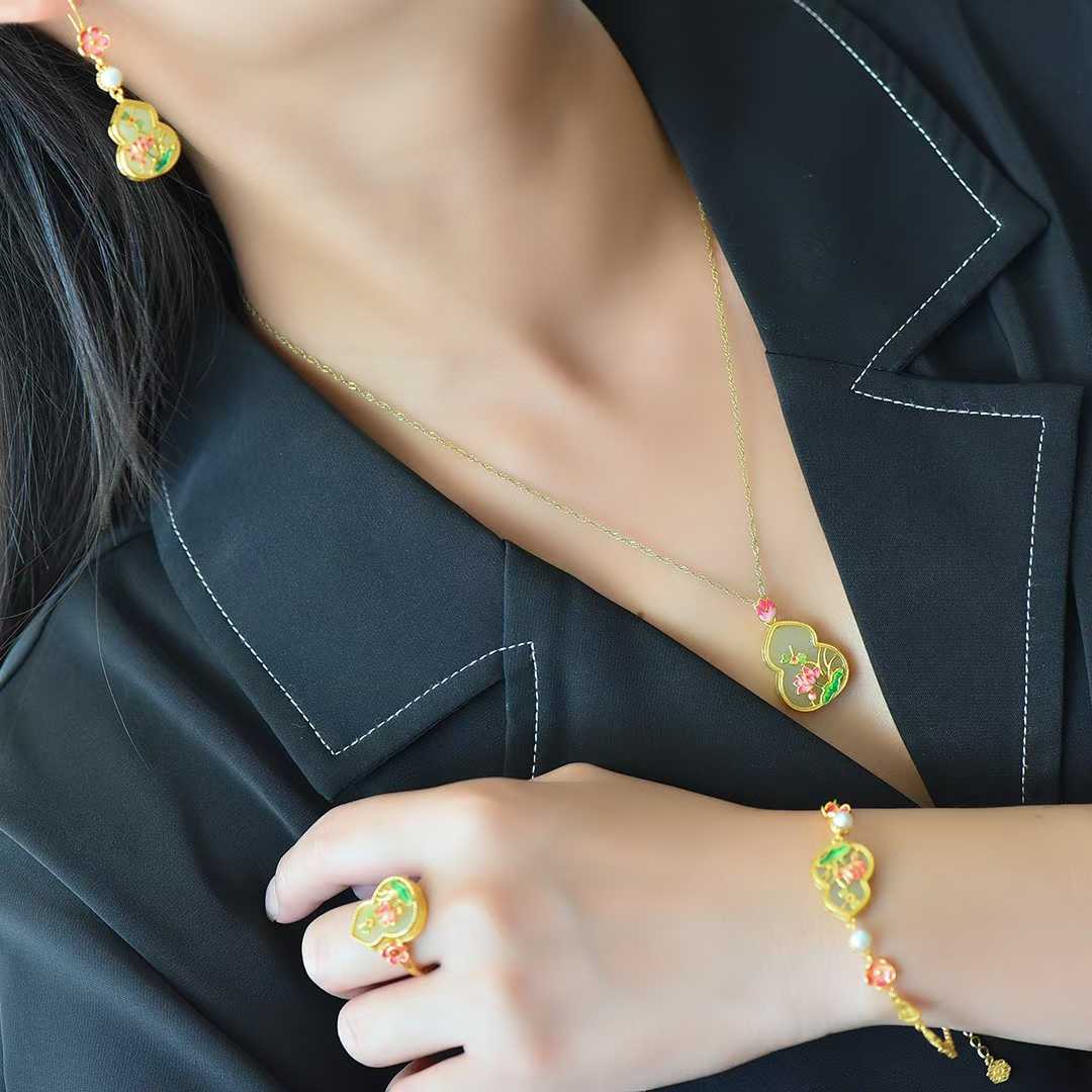 S925 Silver Inlaid Hetian Nephrite "Butterfly-Lover & Gourd" Jewelry Set