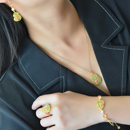 S925 Silver Inlaid Hetian Nephrite "Butterfly-Lover & Gourd" Jewelry Set