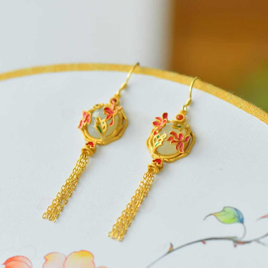 925 Silver Inlaid Hetian Nephrite "Flowers Bloom & Fortune Arrives" Jewelry Set