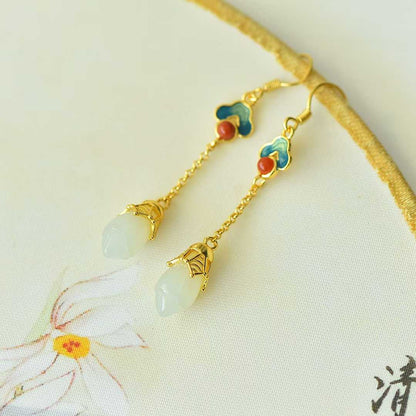 925 Silver Inlaid Nephrite Magnolia and Auspicious Cloud Earrings with Southern Red Agate and Enamel