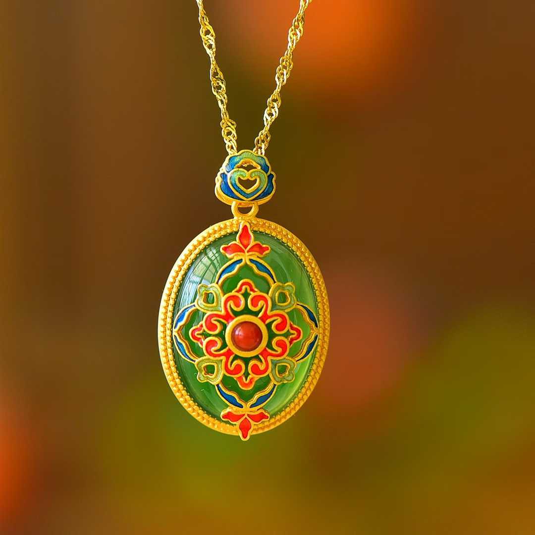 925 Silver-Inlaid Hetian Green Jade Pendant with "Continuous Blessings & Fortune" Meaning & Enamel Accents