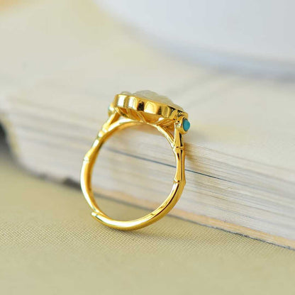 S925 Silver Inlaid Hetian Nephrite "Silver Lotus & Ruyi" Ring