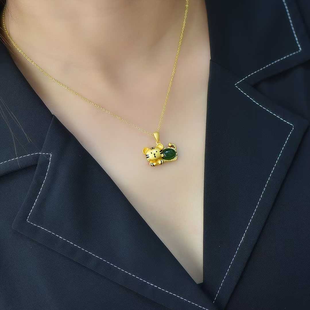 925 Silver Inlaid Hetian Jadeite (Jasper) "Tiger Cub" Pendant