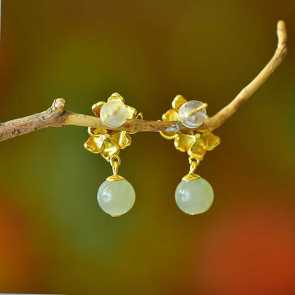 925 Silver Inlaid Hetian Nephrite "Ethereal Peach Blossom" Earrings