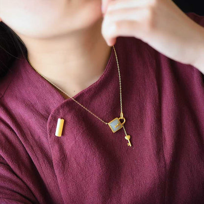 925 Silver Inlaid Hetian Nephrite "Smoky Gray Key & Lock" Pendant