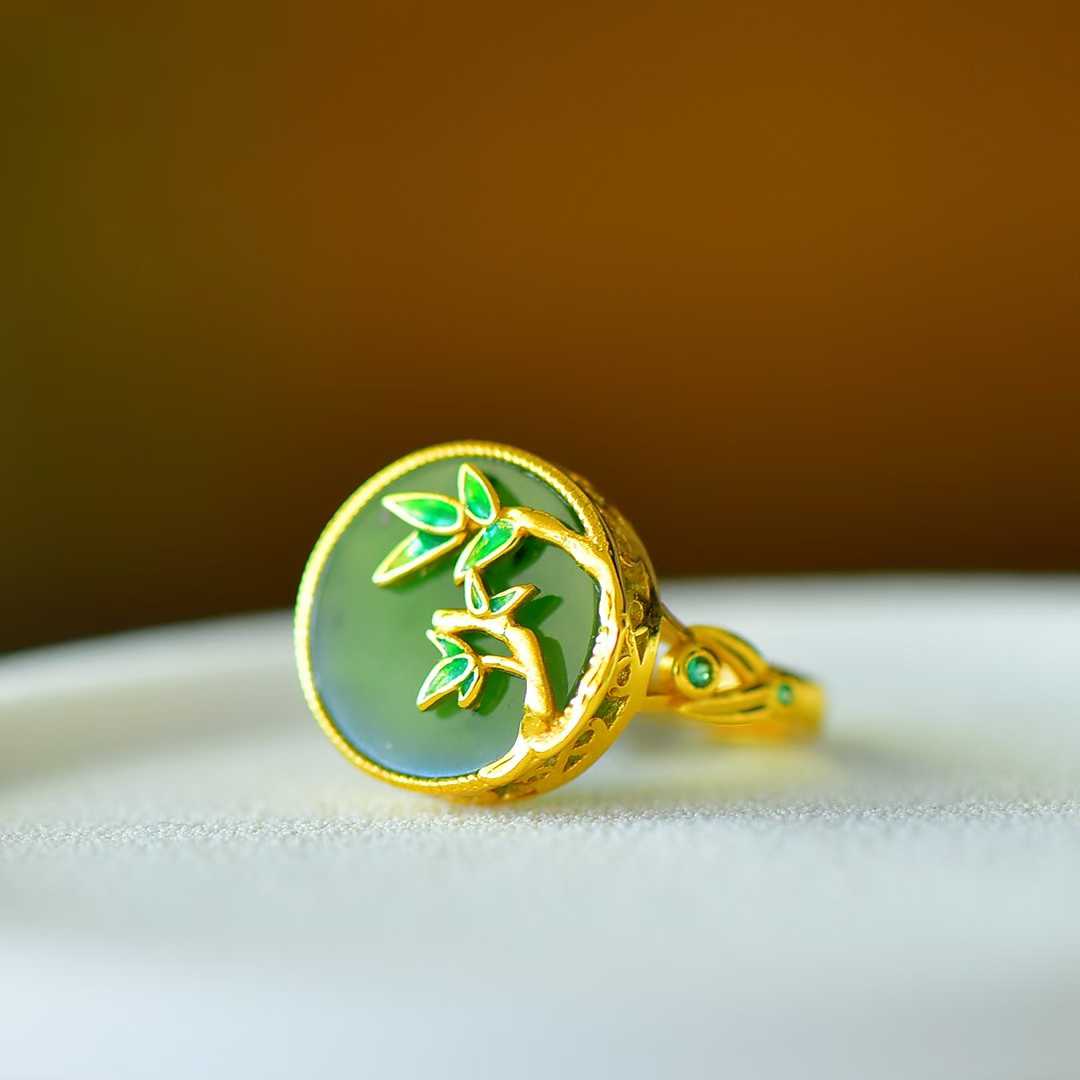 925 Silver Inlaid Green Jadeite "Steady Progress" Ring