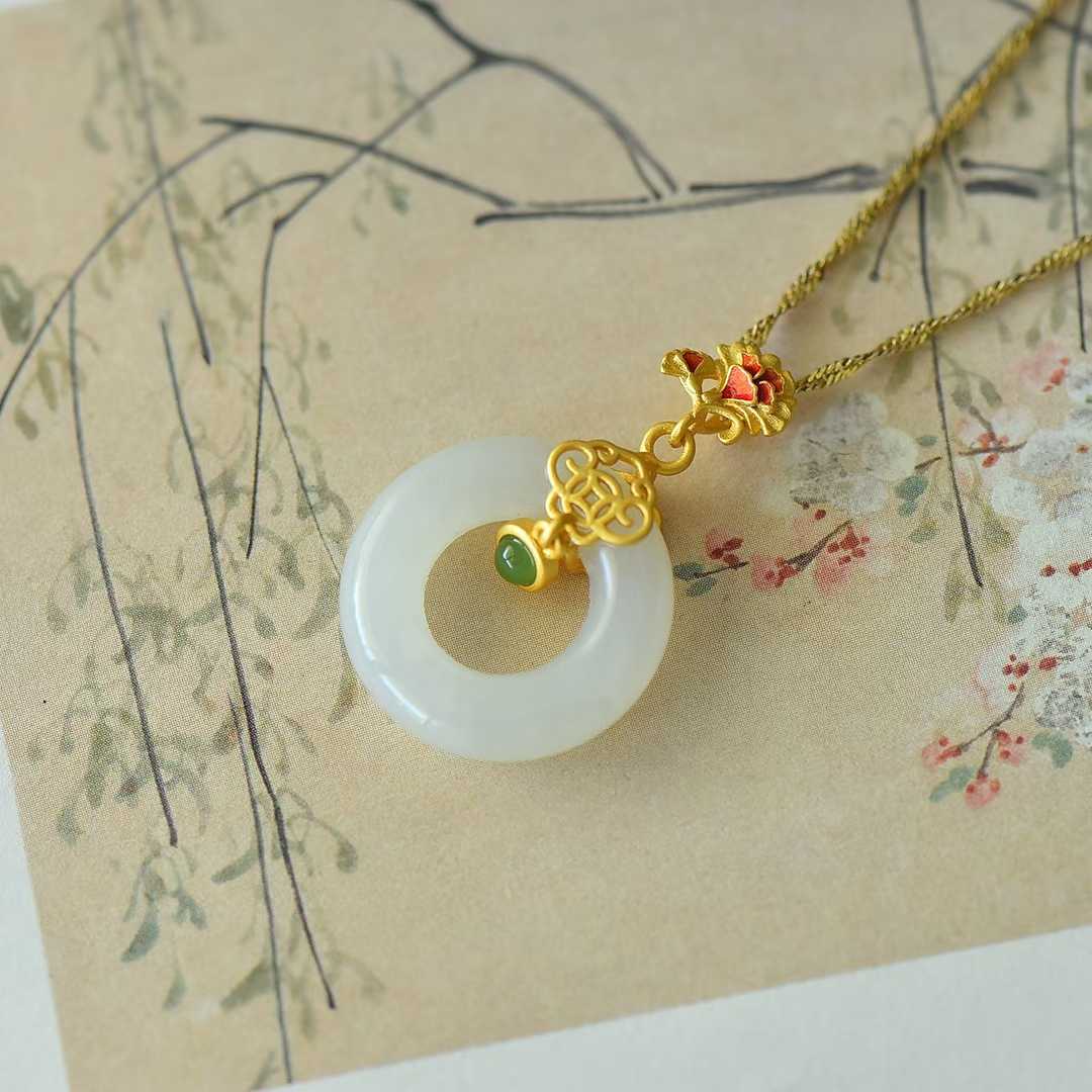 925 Silver Inlaid Hetian Nephrite "Carnation & Peace Circle" Pendant