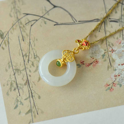 925 Silver Inlaid Hetian Nephrite "Carnation & Peace Circle" Pendant