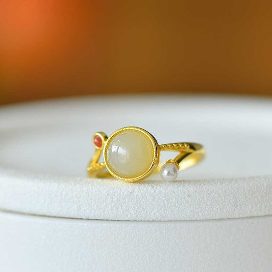 925 Silver Inlaid White Hetian Nephrite "Complete & Perfect" Round Ring