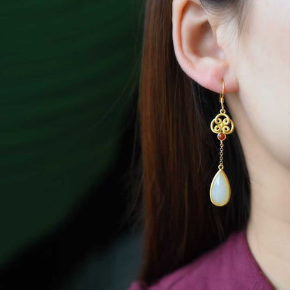 925 Silver Inlaid Hetian Jade Teardrop Earrings