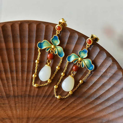 925 Silver Inlaid Hetian Nephrite "Lotus, Blessing, Longevity & Ruyi" Enamel Tassel Earrings