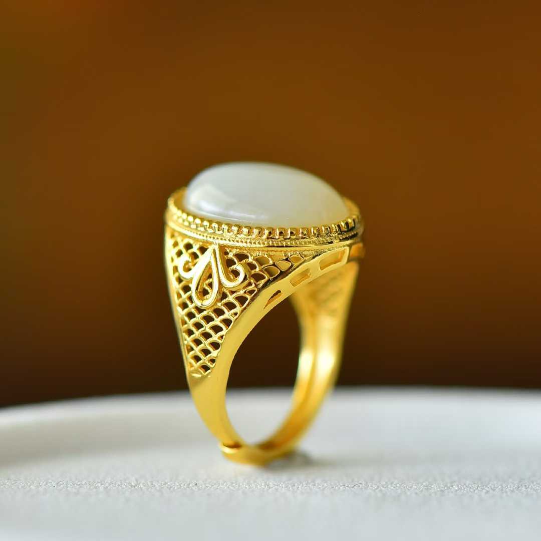925 Silver Inlaid Hetian Nephrite "Love at First Sight" Cabochon Ring