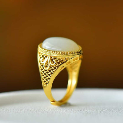 925 Silver Inlaid Hetian Nephrite "Love at First Sight" Cabochon Ring
