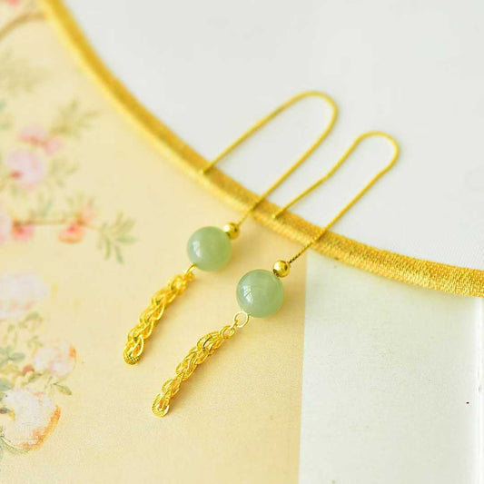 925 Silver Inlaid Hetian Qingshui Jade 8mm Full-Drilled Bead Phoenix Tail Plain Silver Earrings