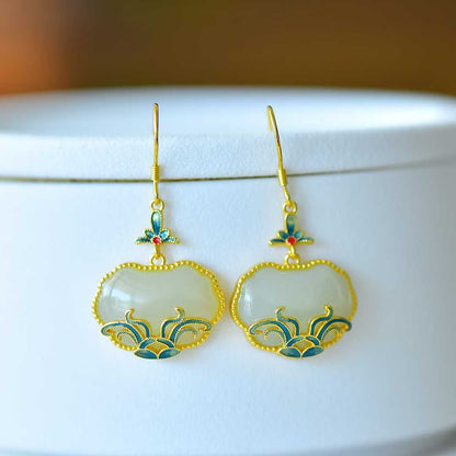 S925 Silver Inlaid Hetian Nephrite "Orchid & Grass Ruyi Lock" Jewelry Set