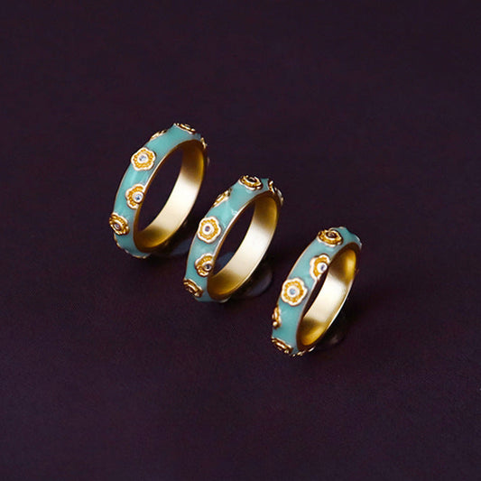 Chinese ancient style micro-inlaid zircon colored oil-drip enamel ring