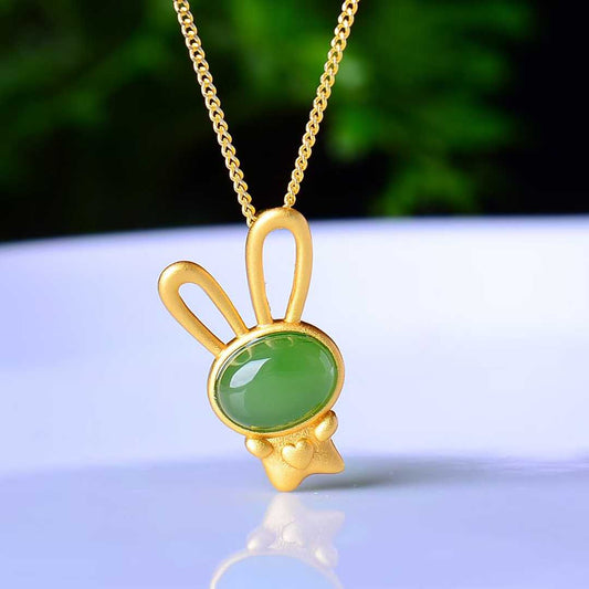 925 Sterling Silver-Inlaid Hetian Green Jade Rabbit 🐰 Pendant with Thick Matte Gold Plating