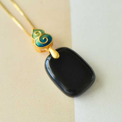 Vintage-Style Silver Inlaid Nephrite Black Jade Ping'an Plaque Pendant