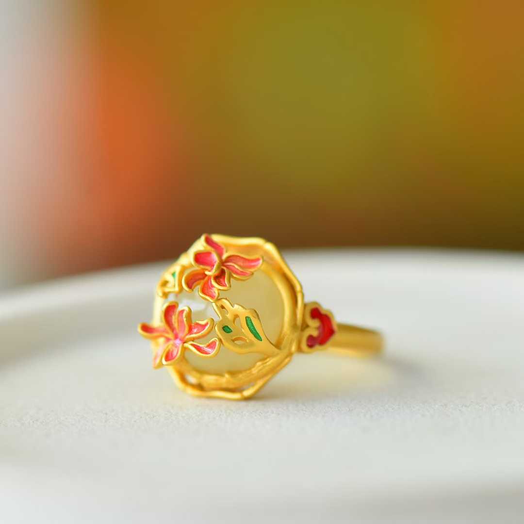 925 Silver Inlaid Hetian Nephrite "Flowers Bloom & Fortune Arrives" Jewelry Set