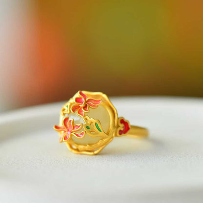 925 Silver Inlaid Hetian Nephrite "Flowers Bloom & Fortune Arrives" Jewelry Set