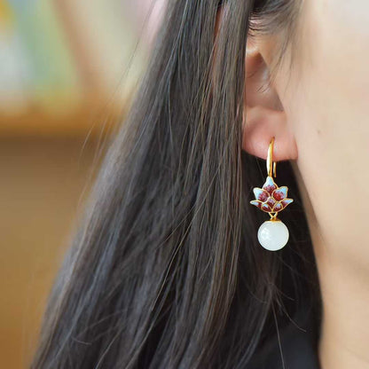 925 Silver Inlaid 10mm Nephrite (White Jade) Enamel Earrings