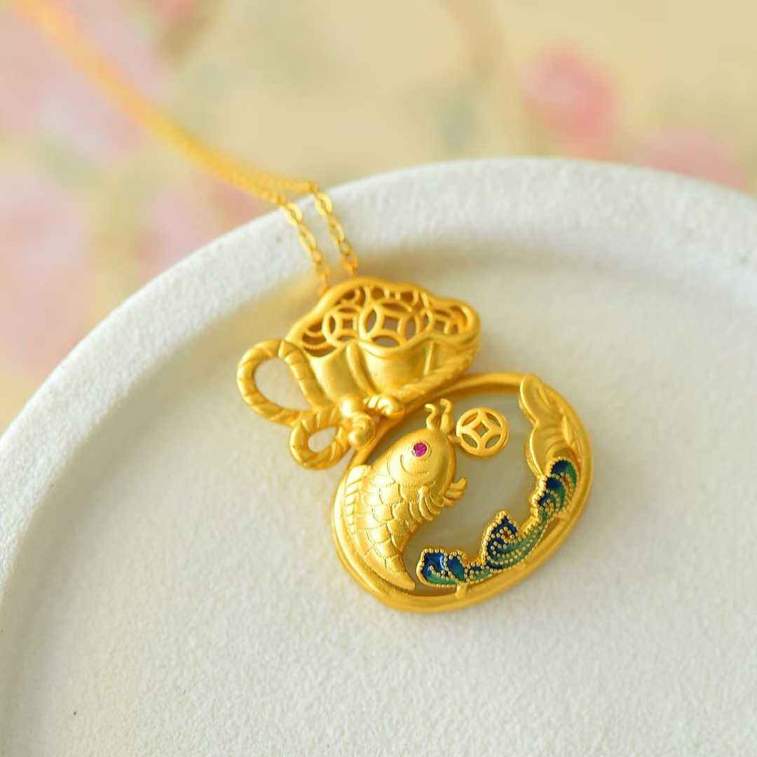 925 Silver-Inlaid Hetian Jade Enamel Pendant with "Money Bag for Wealth" & "Water for Fortune Turnaround" Design