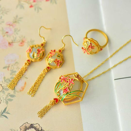 925 Silver Inlaid Hetian Nephrite "Flowers Bloom & Fortune Arrives" Jewelry Set
