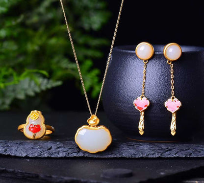 925 Silver Inlaid Hetian Nephrite Jewelry Set