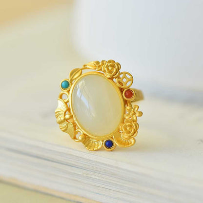 S925 Silver Inlaid Hetian Nephrite "Happiness Before One's Eyes" Ring