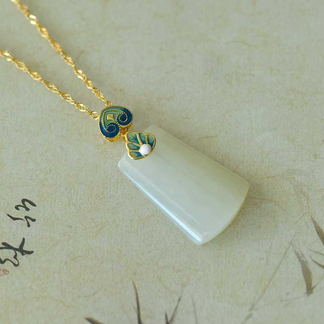 925 Silver-Inlaid Hetian Jade Pendant (Trapezoidal Peace Plaque, "Lotus for Continuous Good Luck" Design)