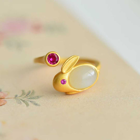 Ancient-Style Silver & Hetian Nephrite Little Rabbit Set with Thick Matte Gold Finish