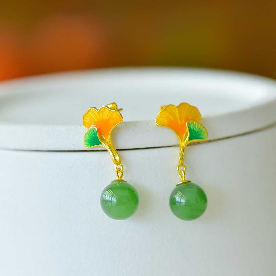 S925 Silver Inlaid Nephrite Green Jade "Apricot Blossoms for You" Jewelry Set