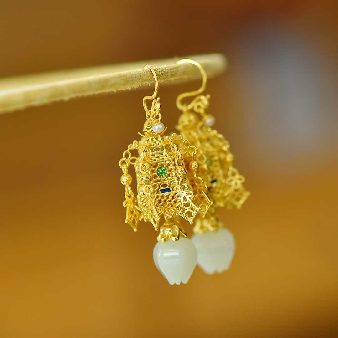 925 Silver Inlaid Nephrite "Qionglou Yuyu" Palace Lantern Earrings