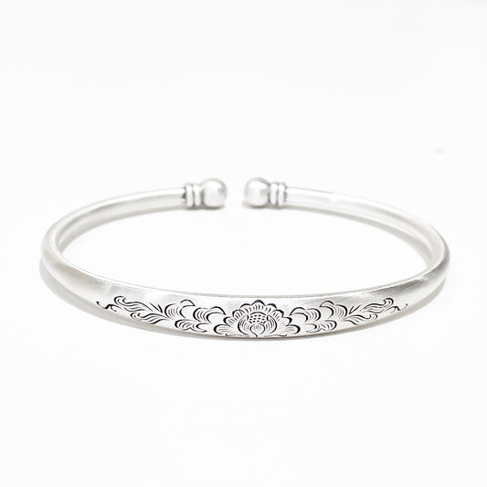 Vintage Engraved Lotus Beads Sterling Silver Bracelet