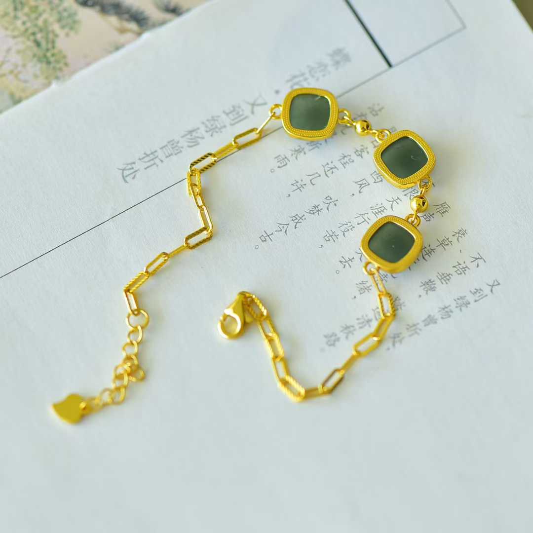 925 Silver Inlaid Hetian Green Nephrite Bracelet