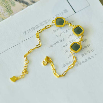 925 Silver Inlaid Hetian Green Nephrite Bracelet