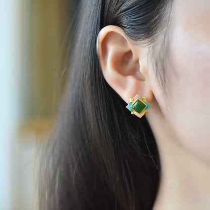 925 Silver Inlaid Hetian Nephrite "Heart Shape & Blooming Prosperity" Stud Earrings