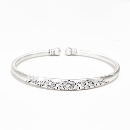 Vintage Engraved Lotus Beads Sterling Silver Bracelet
