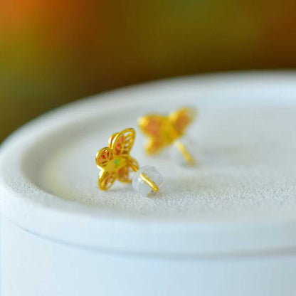 925 Silver Inlaid Hetian Nephrite "Dreamy Butterfly" Stud Earrings