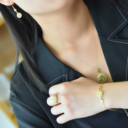 S925 Silver Inlaid Hetian Nephrite "Prosperity & Peace Buckle" Jewelry Set