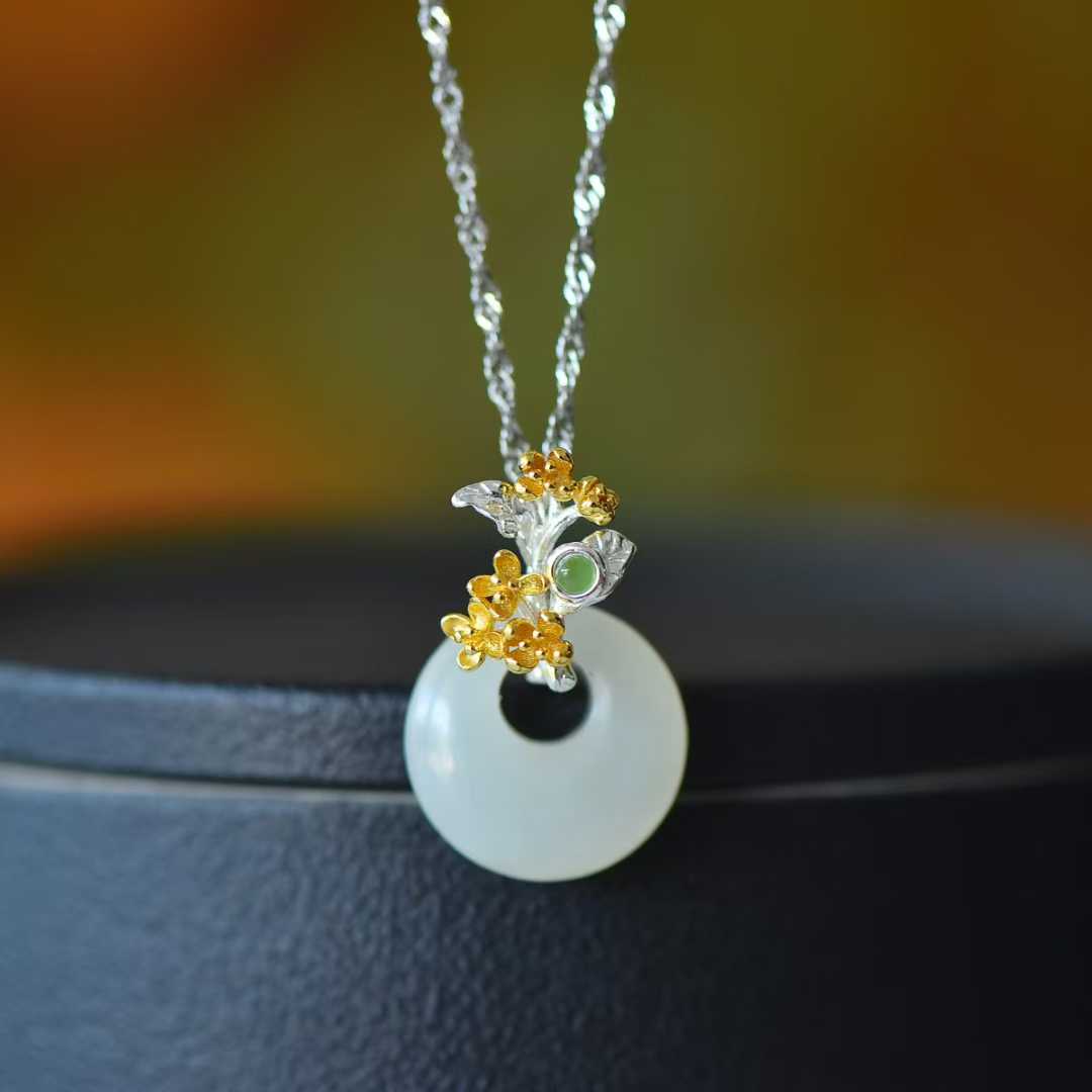 925 Silver Inlaid Hetian Nephrite "August Osmanthus (Twelve Flower Gods)" Jewelry Set